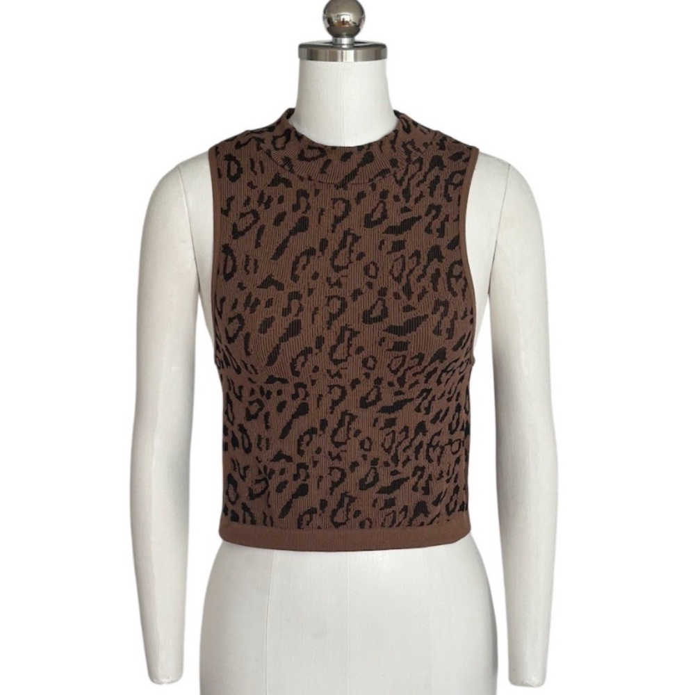 Bozzolo Tank Top Womens M Brown Leopard Print Ribbed Mock Neck Cropped